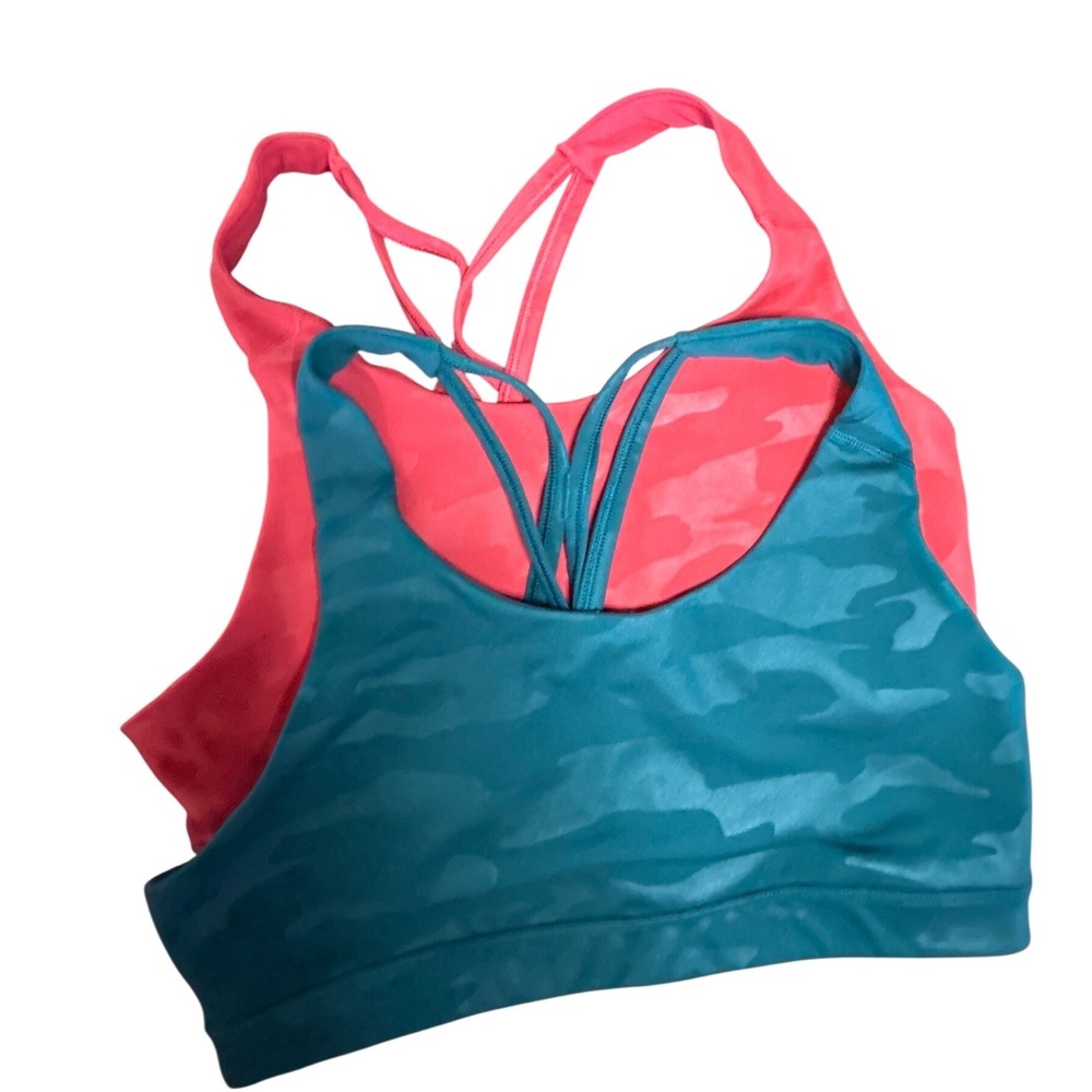 Old Navy Sports Bra Bundle Size L Camo Strappy Back Go-Dry Teal Coral 2-Pack